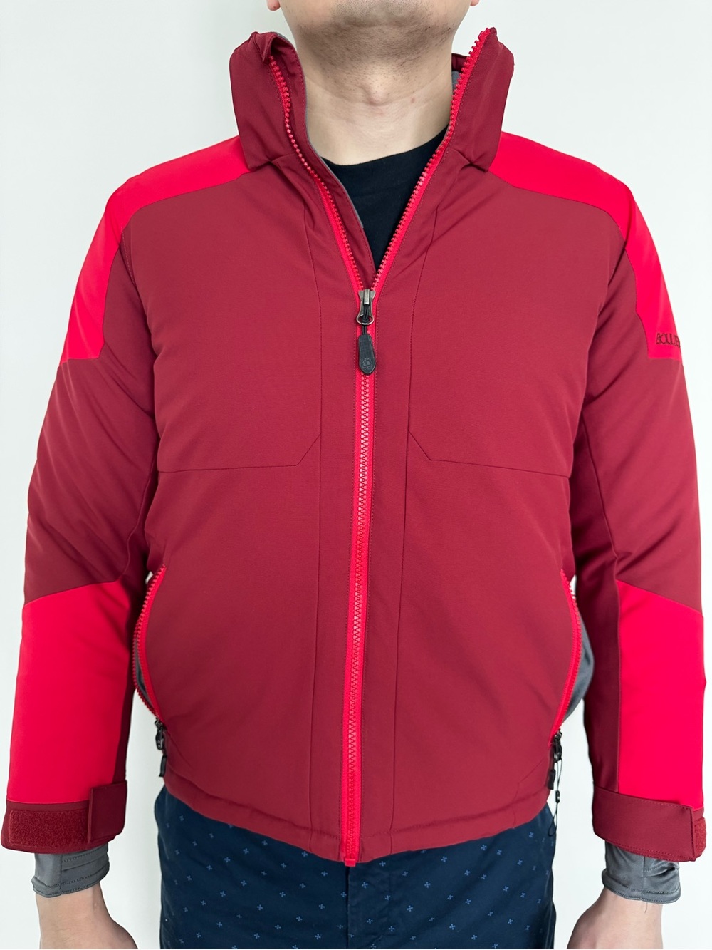 Women's Two-Tone Red Ski Jacket with High Collar
